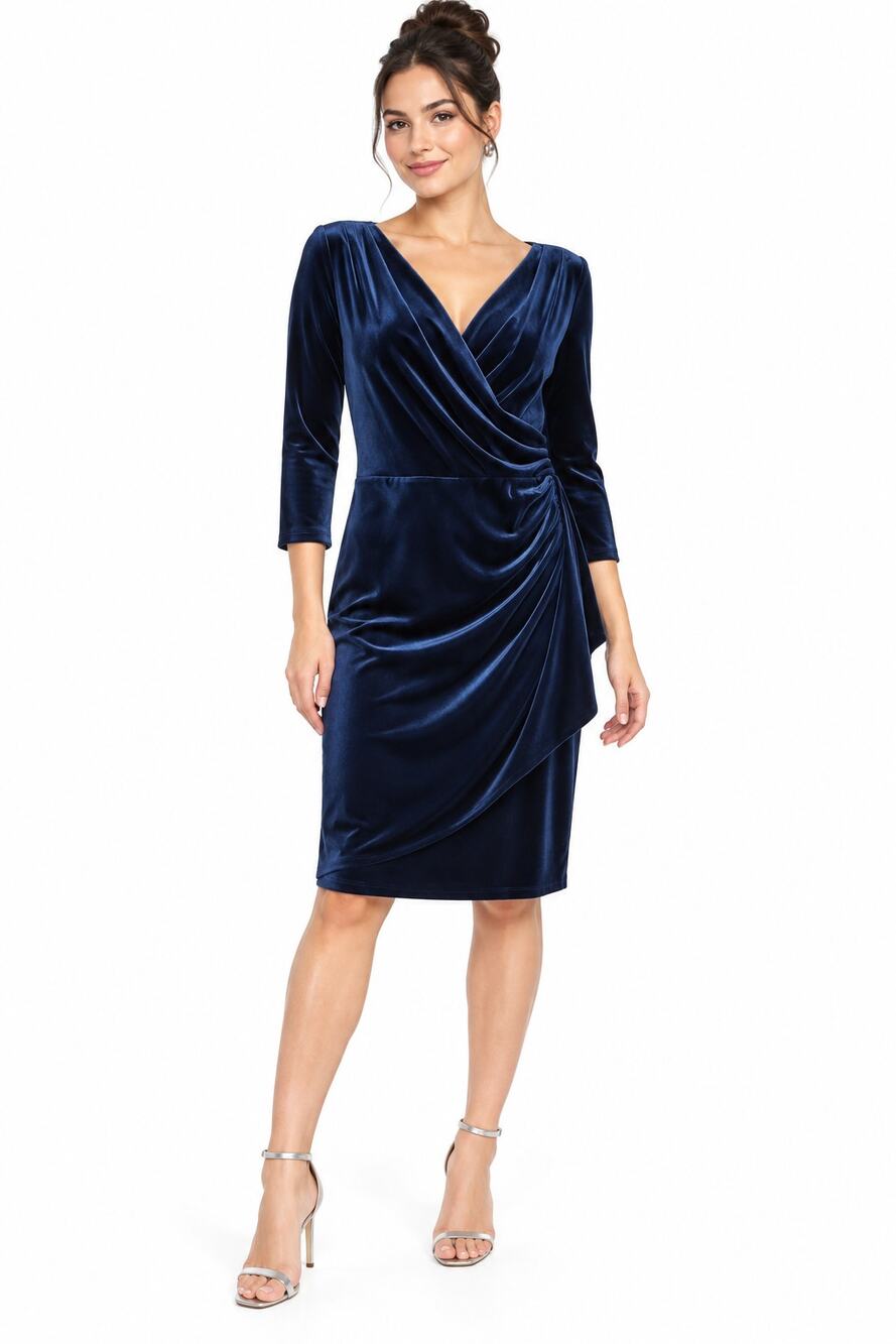 Gina Bacconi Zoe Navy Velvet Wrap Cocktail Dress 3/4 Sleeve WBB9646 SZ 10